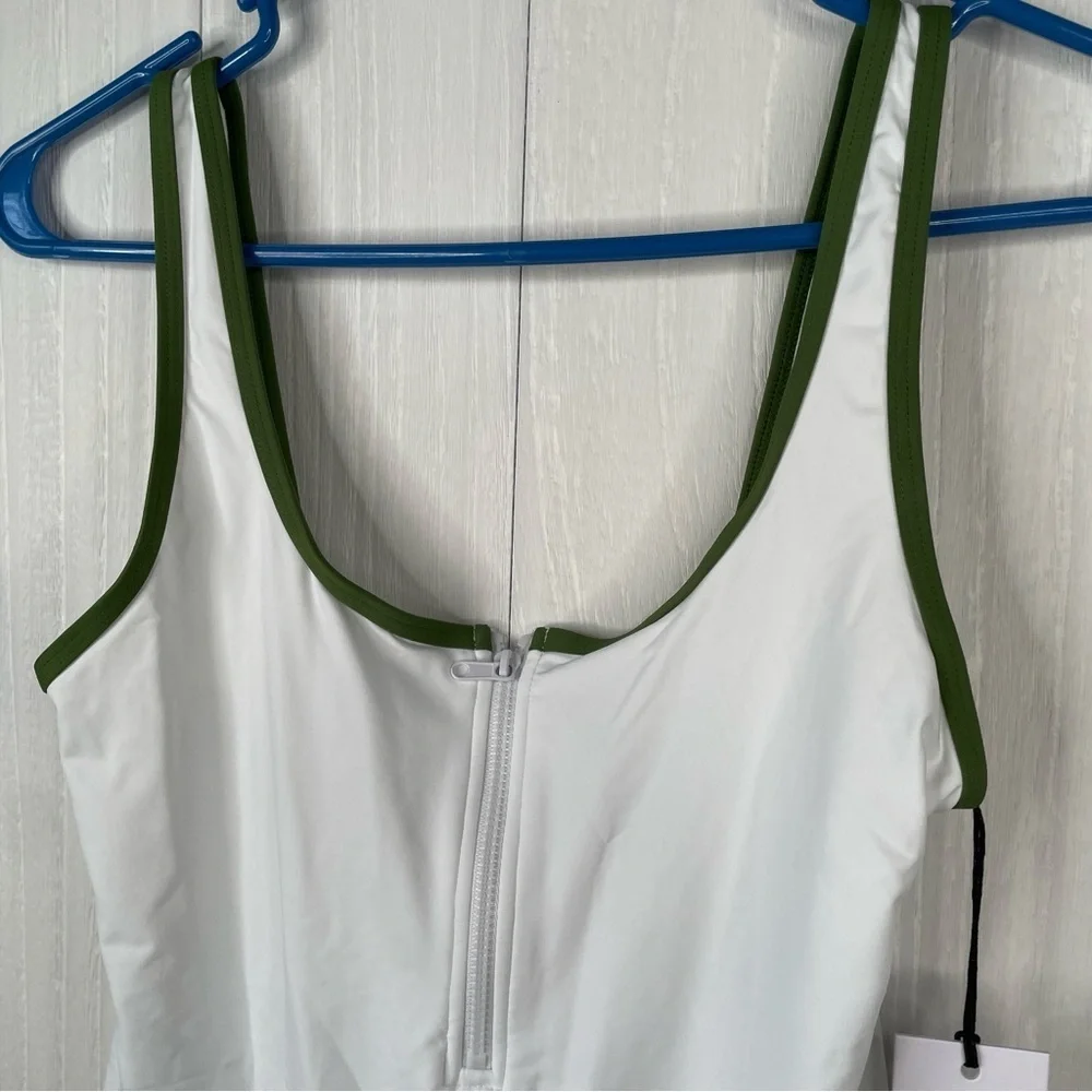 WeWoreWhat Zip Front One Piece Swimsuit - White/Green - Picture 4 of 9